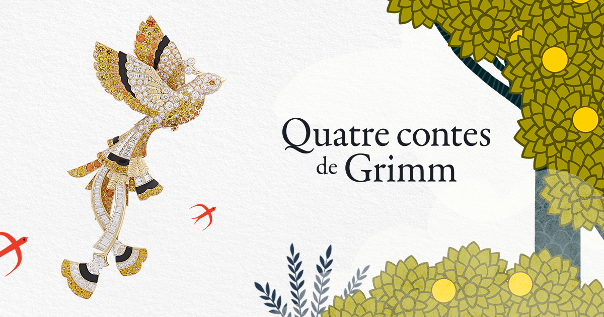 Image d'oiseau de Van Cleef and Arpels avec une fée et l'inscription "quatre contes de Grimm"